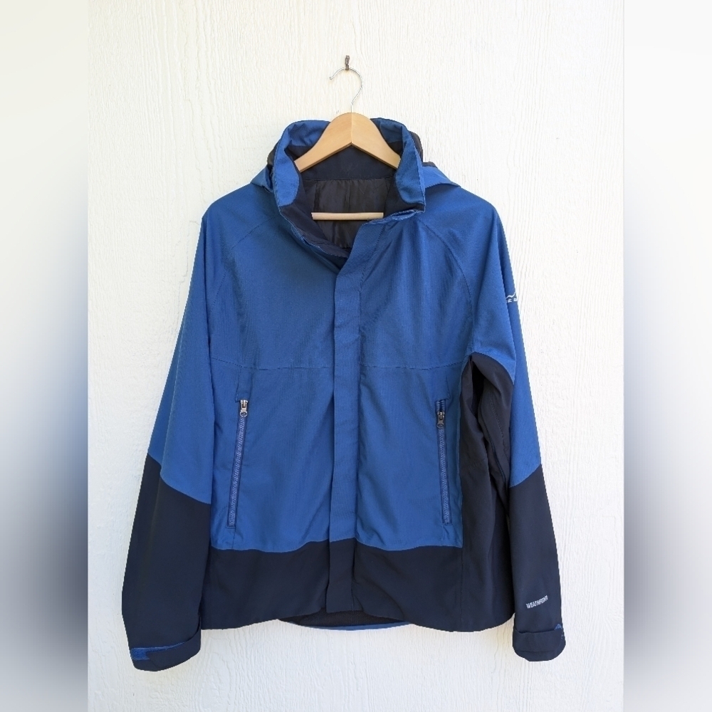 Eddie Bauer Blue Waterproof WeatherEdge Jacket Coat Hood Outdoors Size Large